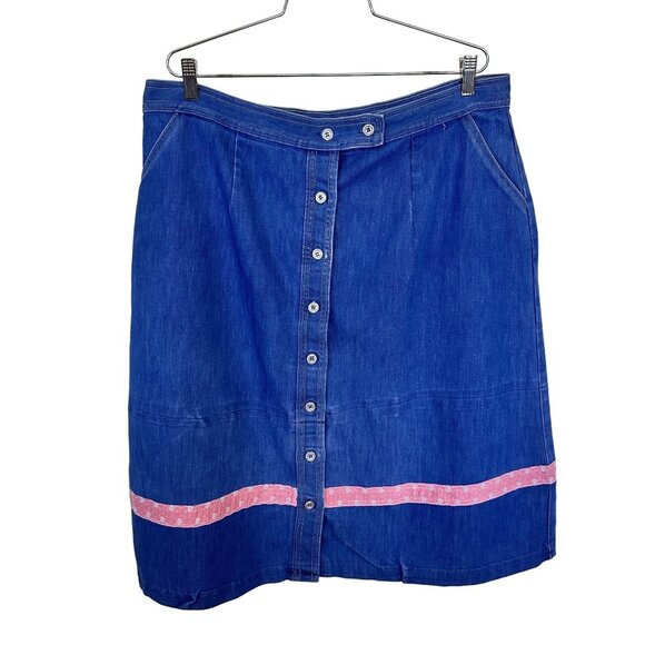 Vintage Womens Denim Skirt 2X 16 Full Button Knee Length Jean Pink Trim Pockets - Picture 1 of 8